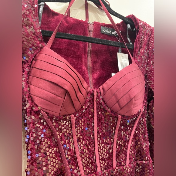 NWT Lavish Alice Sequin Corset Sweetheart Mini Dress, Burgundy, Size UK 8/ US 4 - Picture 14 of 16